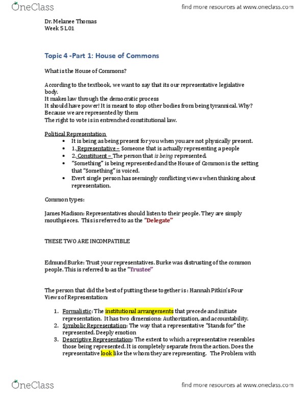 POLI 321 Lecture 15: Topic 4 Part 1 (Week 5 LO1) HOUSE OF COMMONS thumbnail