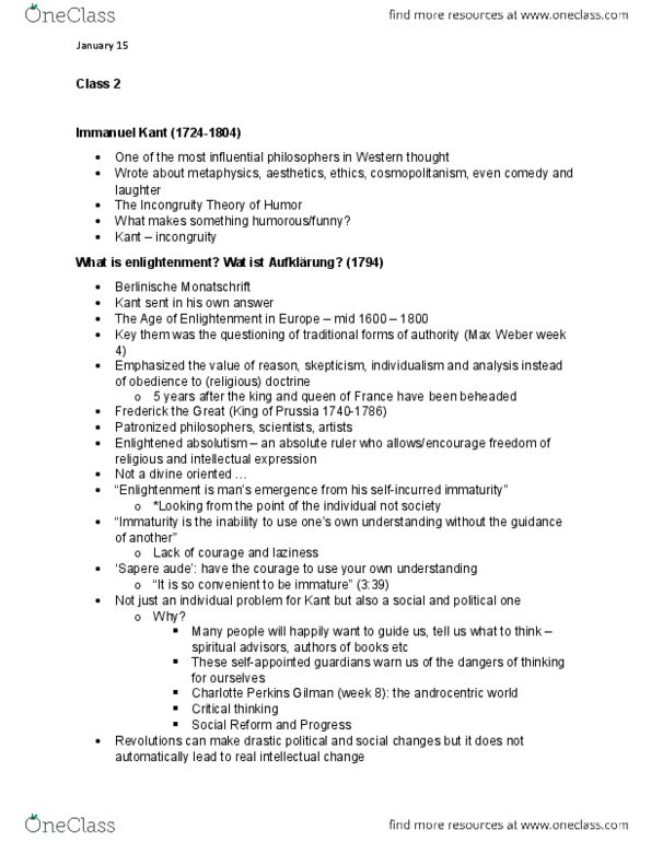 SOC 2112 Lecture Notes - Lecture 2: Charlotte Perkins Gilman, Immanuel Kant, Enlightened Absolutism thumbnail