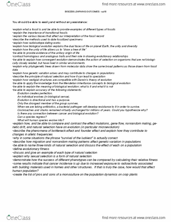 BISC208 Lecture Notes - Lecture 7: Mendelian Inheritance, Radionuclide, Microevolution thumbnail