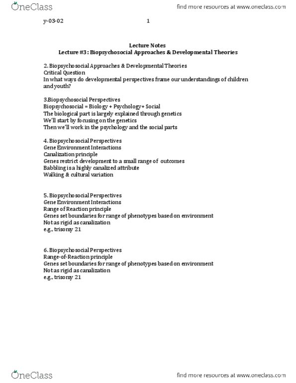 CHYS 1F90 Lecture Notes - Lecture 3: Biopsychosocial Model, Trisomy, Jean Piaget thumbnail