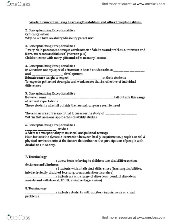 CHYS 1F90 Lecture Notes - Lecture 8: Vocational School, Disability Studies, Visual Impairment thumbnail