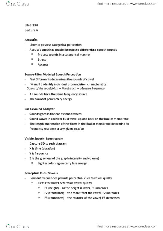 LING 290 Lecture Notes - Lecture 6: Basilar Membrane, Speech Perception, Vowel Length thumbnail