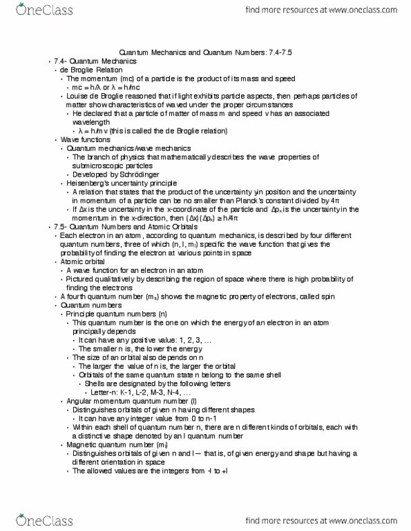 CHEM 130 Chapter Notes - Chapter 7b: Atomic Orbital, Magnetic Quantum Number, Angular Momentum thumbnail