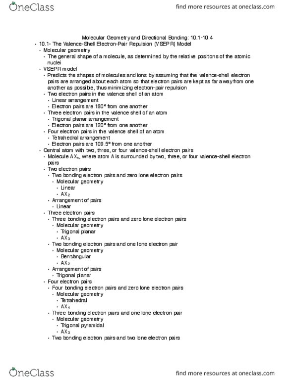 CHEM 130 Chapter Notes - Chapter 10: Trigonal Planar Molecular Geometry, Trigonal Pyramidal Molecular Geometry, Molecular Geometry thumbnail