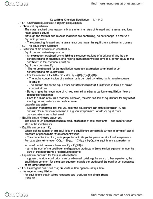 CHEM 130 Chapter Notes - Chapter 14a: Chemical Equilibrium, Equilibrium Constant, Chemical Equation thumbnail