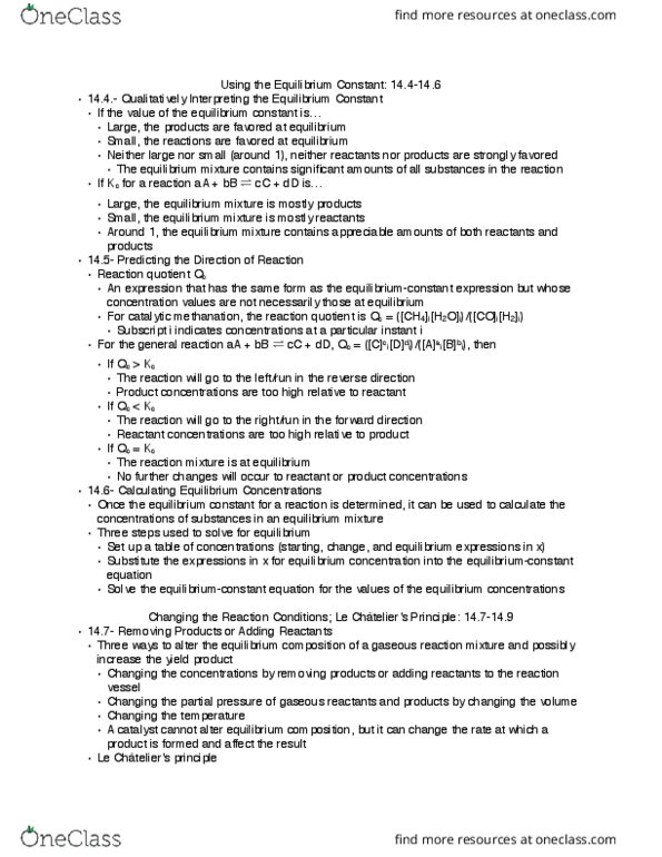 CHEM 130 Chapter Notes - Chapter 14b: Reaction Quotient, Equilibrium Constant, Reagent thumbnail