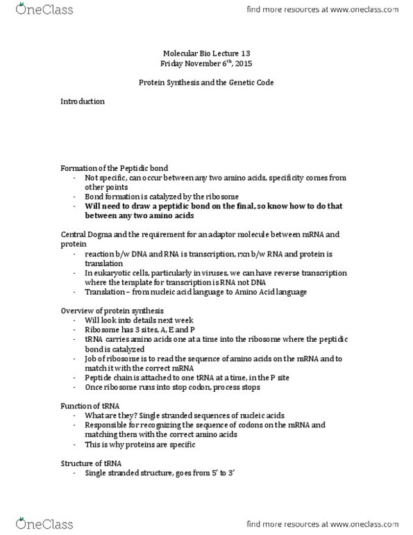 BCH 3170 Lecture Notes - Lecture 13: Aminoacyl-Trna, Pyrophosphate, Inosine thumbnail