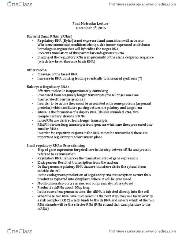 BCH 3170 Lecture Notes - Lecture 21: Drosha, Small Interfering Rna, Rna Interference thumbnail