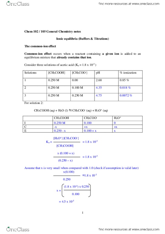 CHEM105 Lecture Notes - Lecture 1: Buffer Solution, Sodium Acetate, Conjugate Acid thumbnail