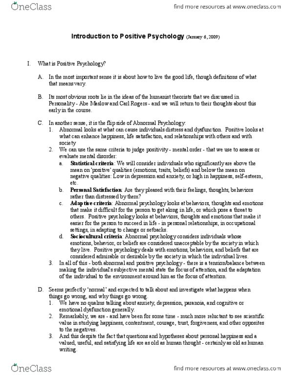 PSYCH 3AB3 Lecture Notes - Lecture 5: Positive Psychology, Intellectual Virtue, Abnormal Psychology thumbnail