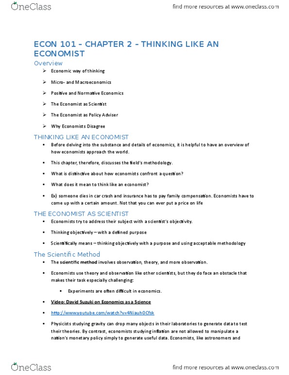 ECON-101 Lecture Notes - Lecture 2: David Suzuki, Opportunity Cost, Scientific Method thumbnail
