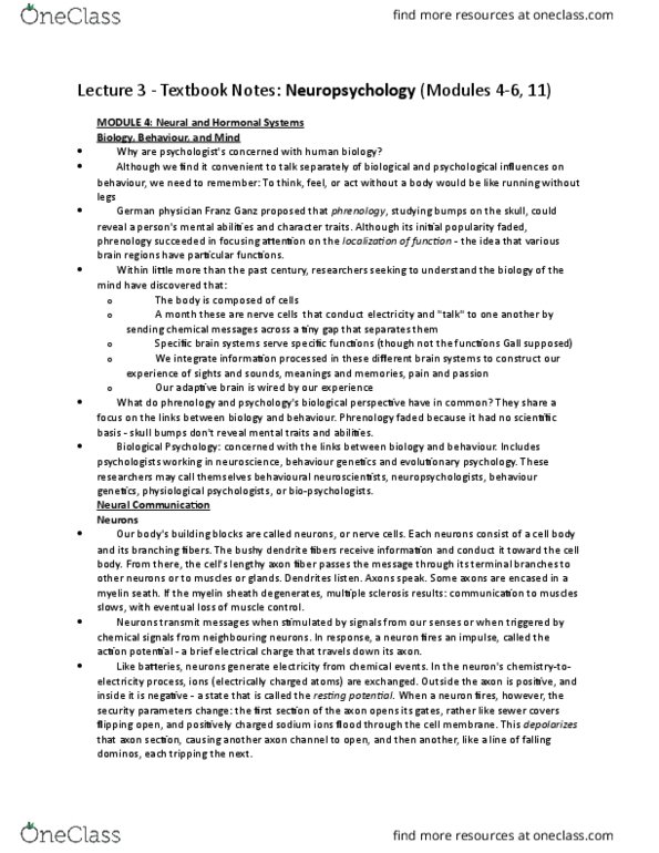 PSYCH101 Lecture Notes - Lecture 3: Central Nervous System, Peripheral Nervous System, Autonomic Nervous System thumbnail