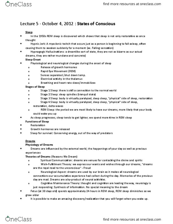 PSYCH101 Lecture Notes - Lecture 5: Myoclonus, Sleep Spindle, Delta Wave thumbnail