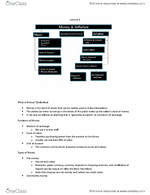 ECON 2H03 Lecture Notes - Lecture 9: Fisher Hypothesis, Commodity Money, Money Supply thumbnail