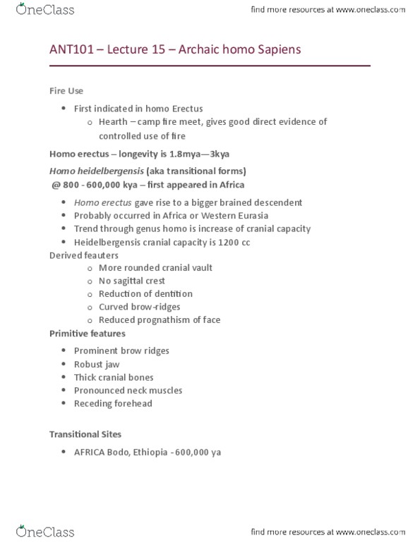 ANT101H5 Lecture Notes - Lecture 15: Homo Antecessor, Homo Heidelbergensis, Homo Erectus thumbnail