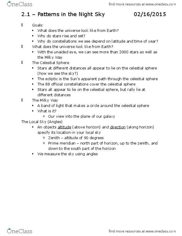 PHYS133 Chapter Notes - Chapter 2: Star, Celestial Equator, Nautical Mile thumbnail