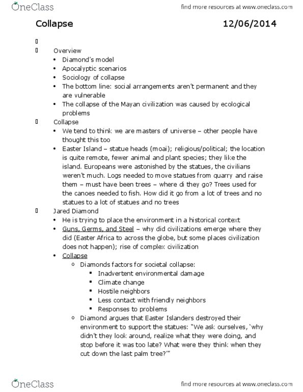 SOCI201 Lecture Notes - Lecture 12: Easter Island, Jared Diamond, Maya Civilization thumbnail