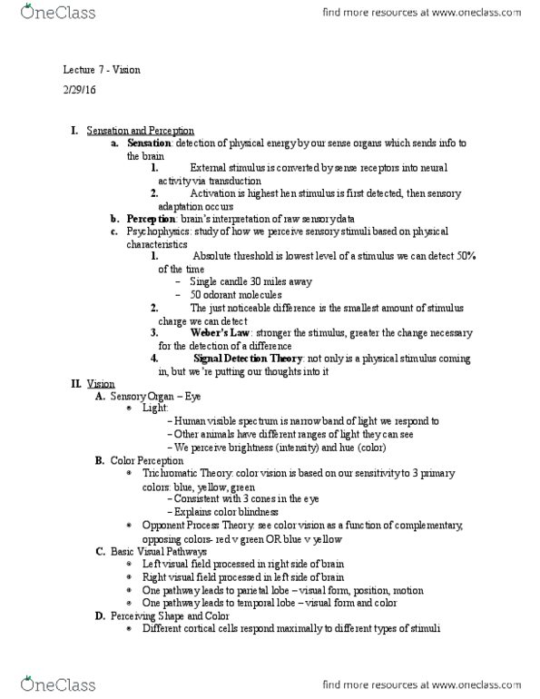 PSY 1001 Lecture Notes - Lecture 7: Detection Theory, Color Vision, Absolute Threshold thumbnail