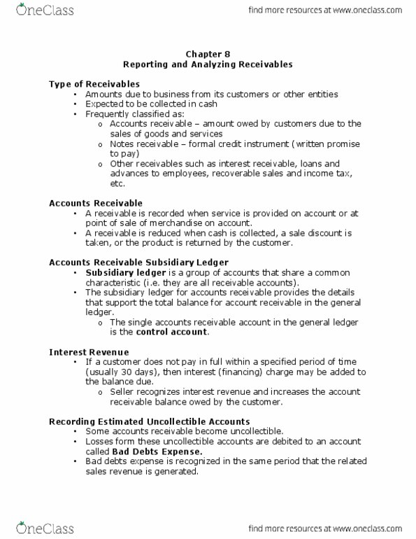 ADM 1340 Chapter Notes - Chapter 8: Subledger, General Ledger, Accounts Receivable thumbnail