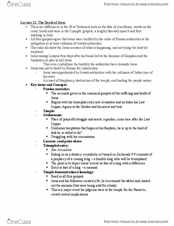 RS235 Lecture Notes - Lecture 12: Synoptic Gospels, Gospel, Raising Of Lazarus thumbnail