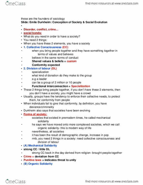 SOC211H5 Lecture Notes - Lecture 7: Mechanical And Organic Solidarity, Anomie, Social Order thumbnail