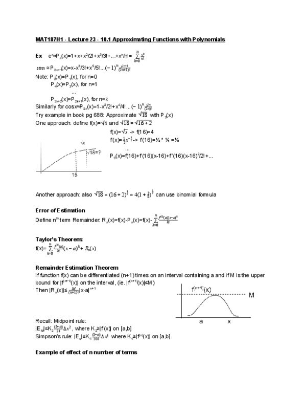 MAT136H1 Lecture 23: 10.1 Approximating Functions with Polynomials - Continued thumbnail
