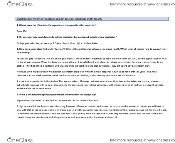 Health Sciences 1002A/B Lecture Notes - Lecture 5: Cortisol, Unnatural Causes thumbnail