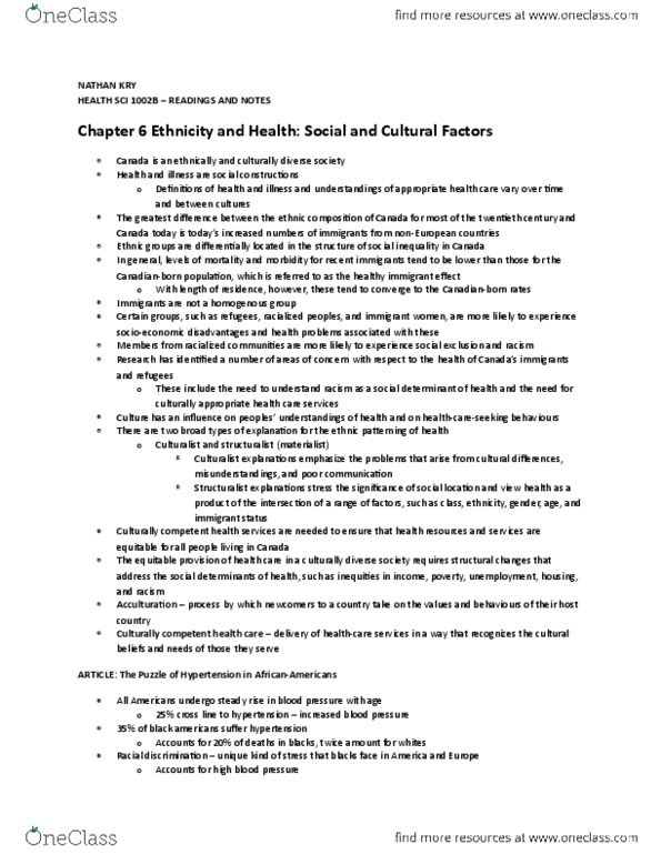 Health Sciences 1002A/B Chapter Notes - Chapter 7: Social Inequality, White Privilege, Acculturation thumbnail