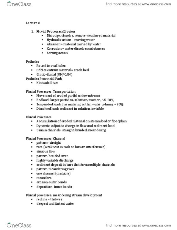 GEOG 1F91 Lecture Notes - Lecture 8: Dissolved Load, Suspended Load, Thalweg thumbnail