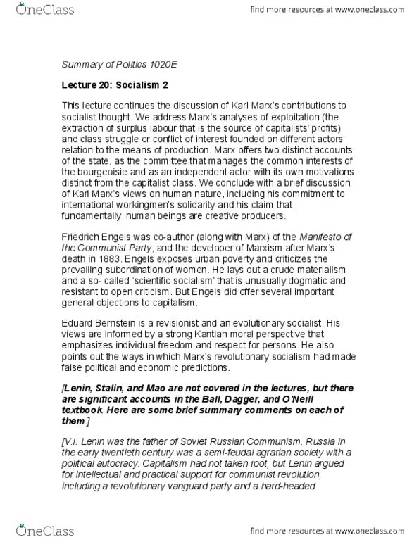 Political Science 1020E Lecture Notes - Lecture 13: Friedrich Engels, Vanguardism, Surplus Labour thumbnail