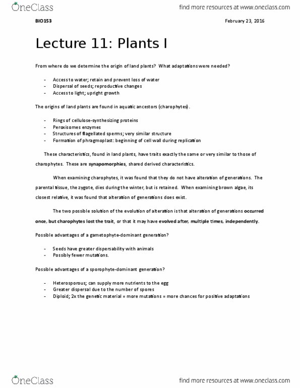 BIO153H5 Lecture Notes - Lecture 11: Zygote, Charophyta, Phragmoplast thumbnail