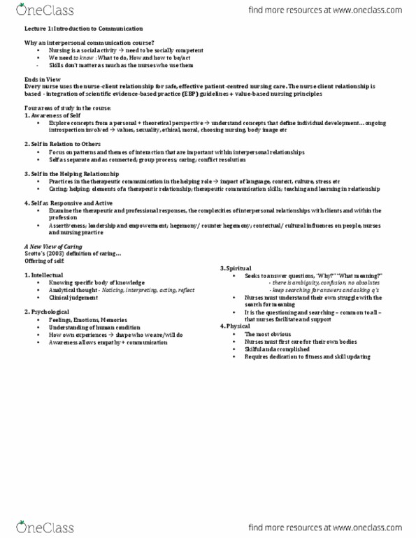 Nursing 1103W Lecture Notes - Lecture 1: Therapeutic Relationship, Interpersonal Communication, Assertiveness thumbnail