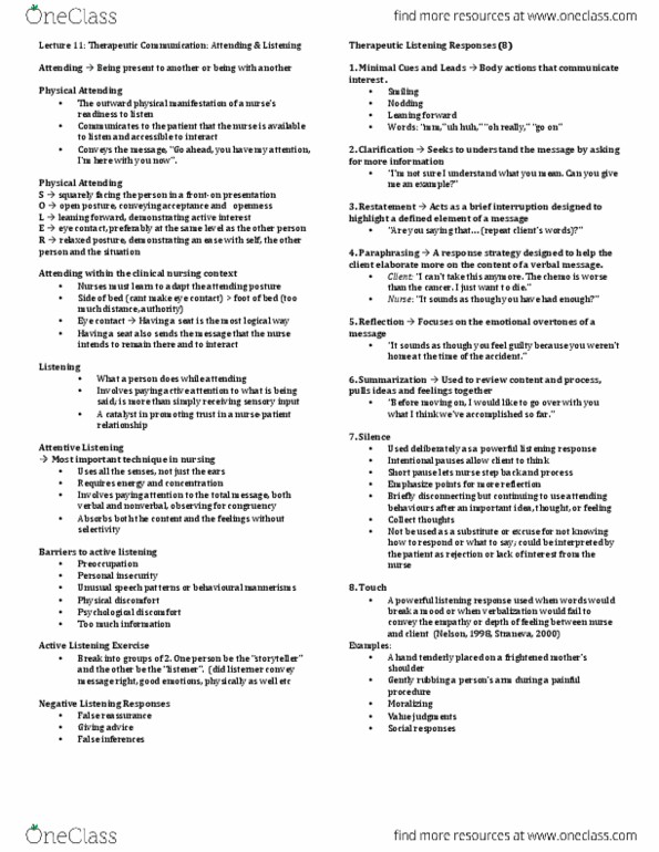 Nursing 1103W Lecture Notes - Lecture 11: Disclose, Eye Contact, Active Listening thumbnail