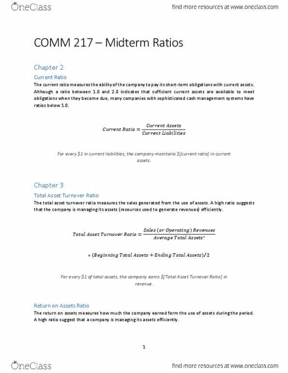 COMM 217 Lecture Notes - Lecture 7: Accounts Receivable, Inventory Turnover, Asset Turnover thumbnail