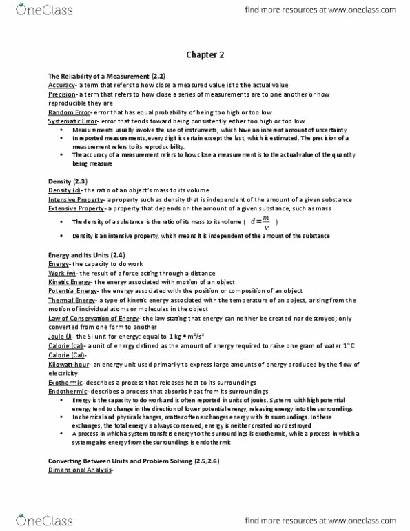 CHEM 101 Chapter Notes - Chapter 2: Exothermic Process, Unified Atomic Mass Unit, Intensive And Extensive Properties thumbnail