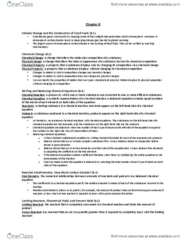 CHEM 101 Chapter Notes - Chapter 8: Limiting Reagent, Chemical Equation, Reagent thumbnail