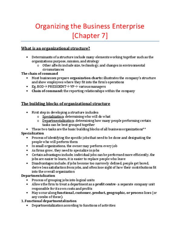 RSM100Y1 Chapter Notes - Chapter 7: Departmentalization, Profit Center, Organizational Structure thumbnail