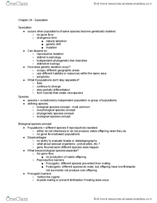 BIOL 1111 Chapter Notes - Chapter 24: Ecological Niche, Allopatric Speciation, Hybrid Zone thumbnail