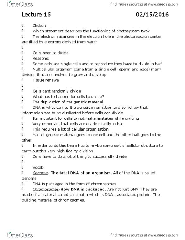 BILD 1 Lecture Notes - Lecture 15: Cytokinesis, Metaphase, Sister Chromatids thumbnail