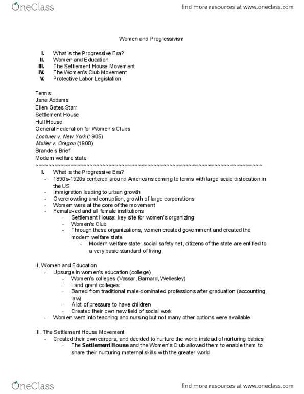 HIS 72B Lecture Notes - Lecture 2: Fourteenth Amendment To The United States Constitution, Ellen Gates Starr, Jane Addams thumbnail