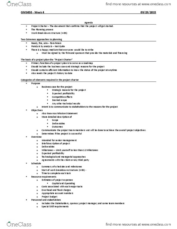 GMS 450 Lecture Notes - Lecture 4: Microsoft Project, Work Breakdown Structure, Project Charter thumbnail