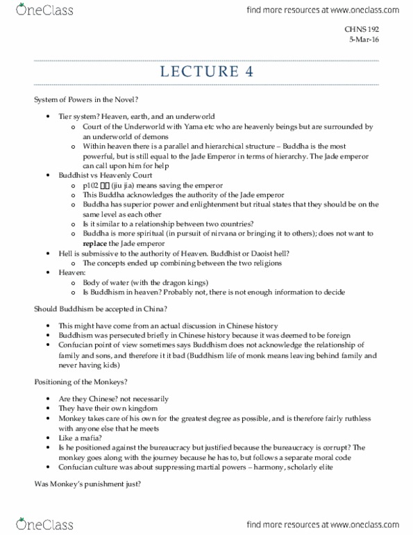 CHNS-0093 Lecture Notes - Lecture 4: Hau Wong, Taoism, Jade Emperor thumbnail