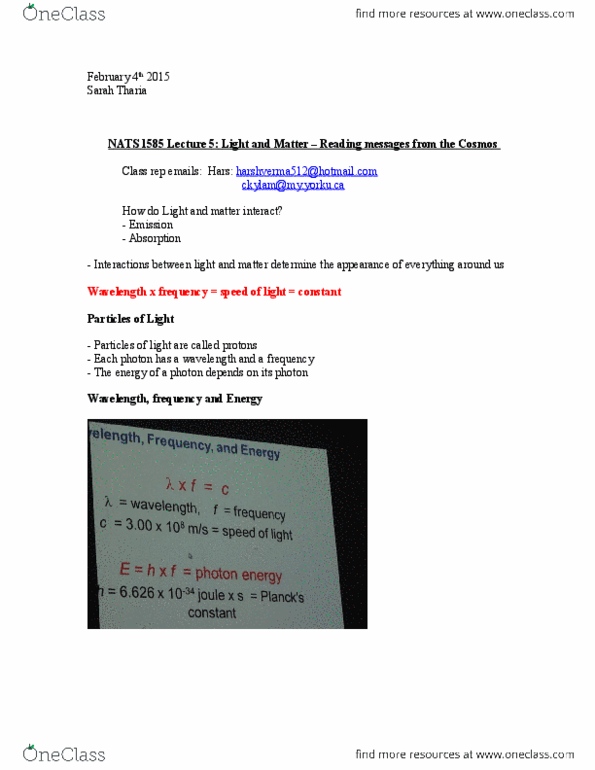 NATS 1585 Lecture Notes - Lecture 5: Special Relativity, Emission Spectrum, Photon thumbnail