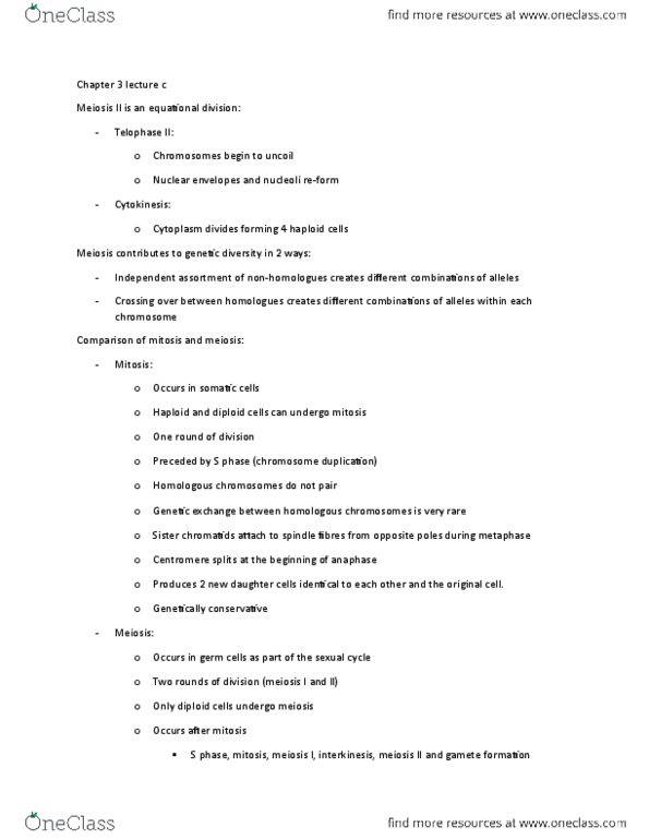 BLG 400 Lecture Notes - Lecture 7: Oogonium, Cell Division, Chromosome Segregation thumbnail