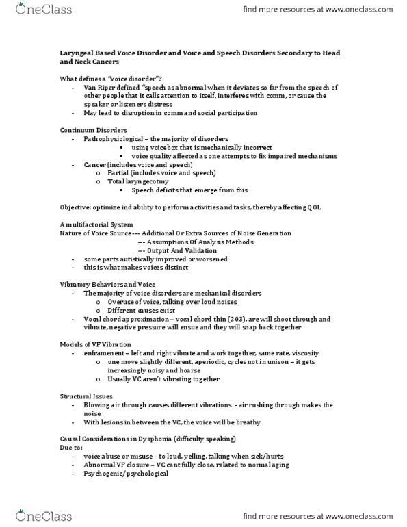 Communication Sciences and Disorders 4411A/B Lecture Notes - Lecture 3: Electrolarynx, Tonsil, Weight Loss thumbnail