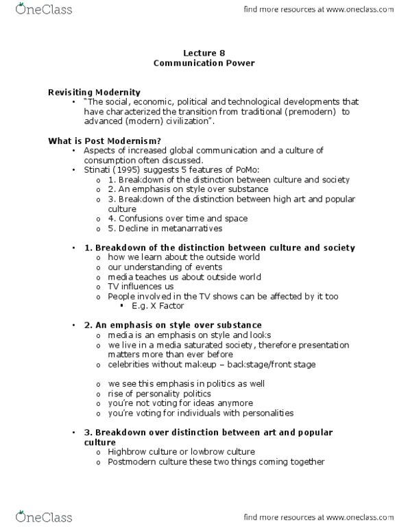 CMN2160 Lecture Notes - Lecture 8: Hierarchical Organization, The Information Society, Surplus Labour thumbnail