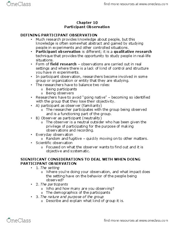 CMN 2101 Chapter Notes - Chapter 10: Telepathy, Participant Observation thumbnail