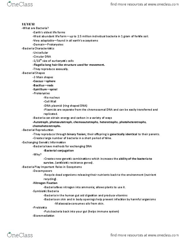 BIO SCI 1A Lecture Notes - Lecture 13: Staphylococcus, Neisseria Gonorrhoeae, Bloodborne thumbnail