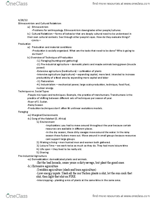 ANTHRO 2A Lecture Notes - Lecture 8: Intercropping, Slash-And-Burn, Extensive Farming thumbnail