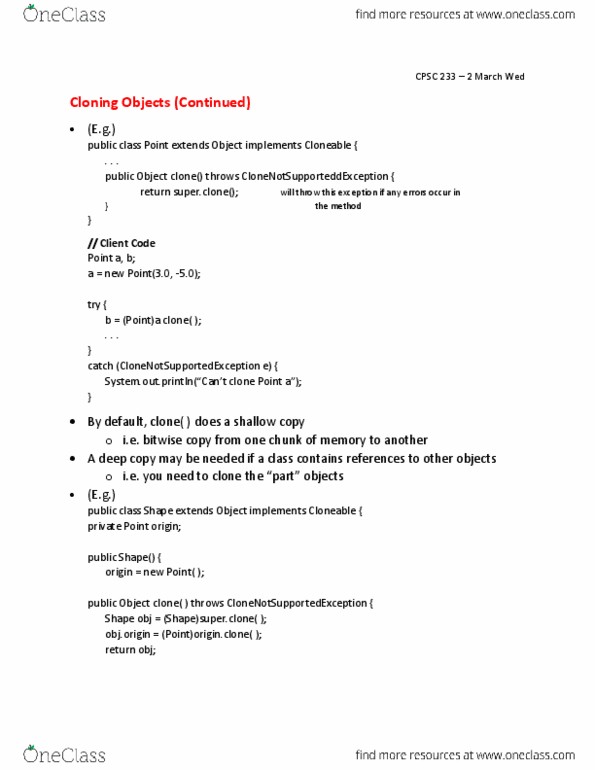 CPSC 233 Lecture Notes - Lecture 20: Object Copying, Cloning thumbnail